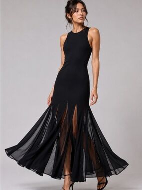 Lalavon Elegant Black Maxi Dress with Sheer Panel Skirt